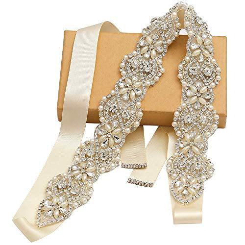 Bridal Rhinestone Wedding Belts 10'' Clear Crystal Beads Satin Bridal Sash Belts